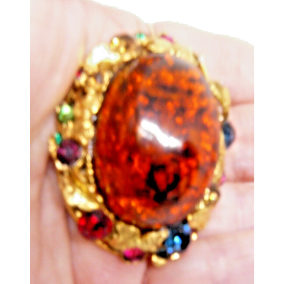 VTG SAMO 652 Signed Amber Stone Brooch w Gold Tone Leaves & Multicolor Stones - Picture 3 of 6